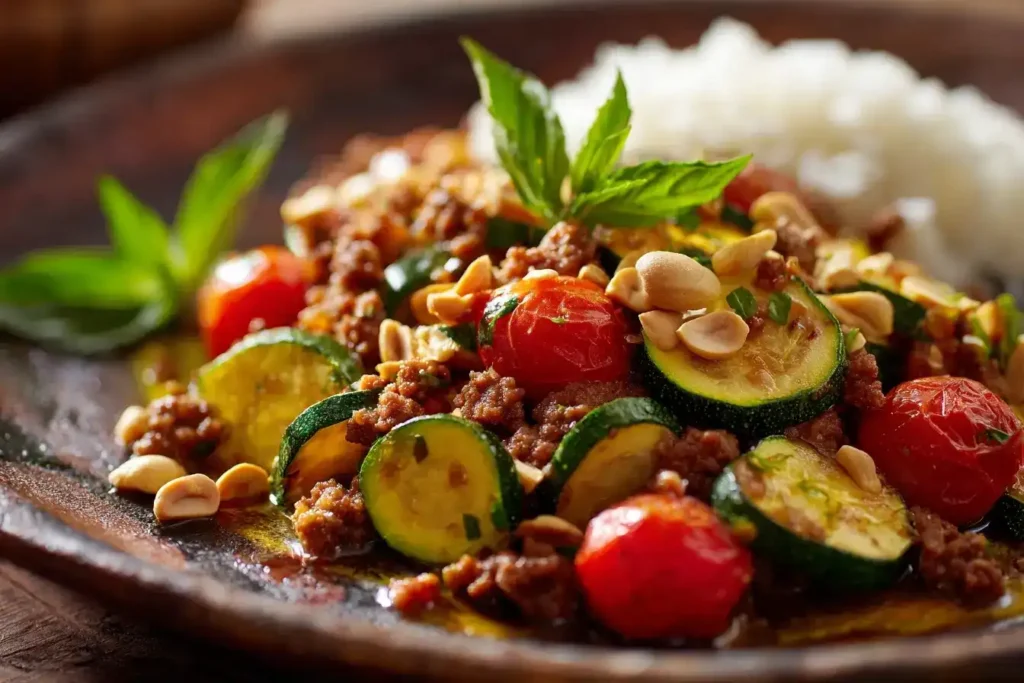 Zucchini-Pfanne mit Hackfleisch auf einem Teller serviert mit Reis