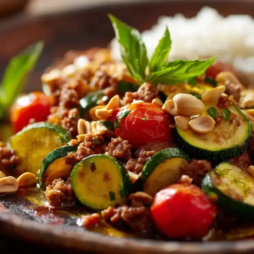 Zucchini-Pfanne mit Hackfleisch auf einem Teller serviert mit Reis