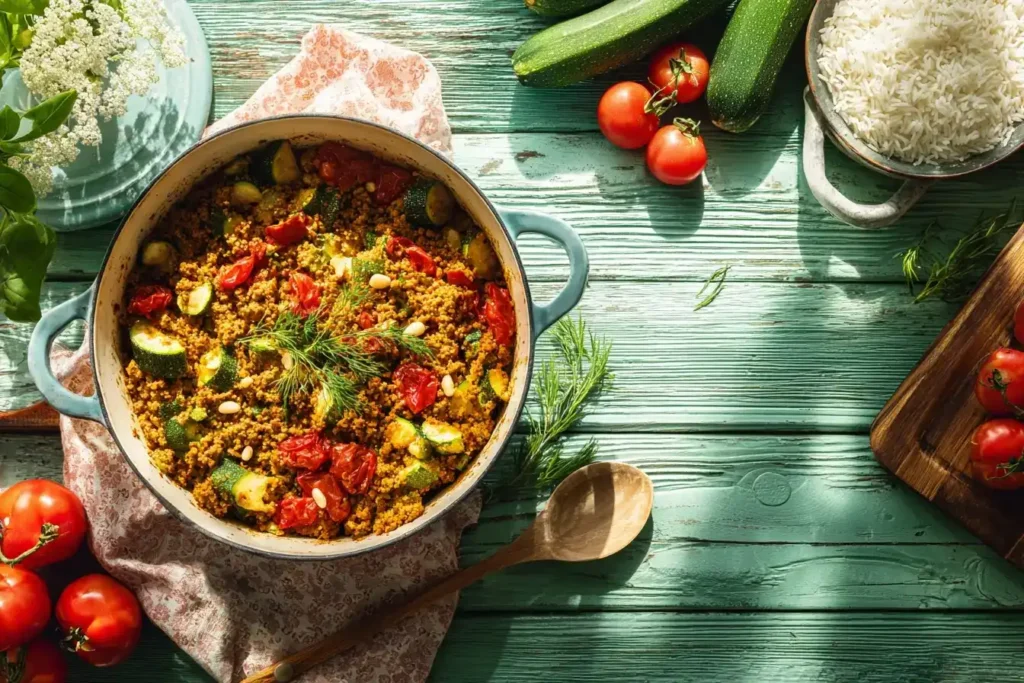Zucchini-Pfanne mit Hackfleisch in der Mitte, Zucchini, Hackfleisch, Tomaten um das Gericht