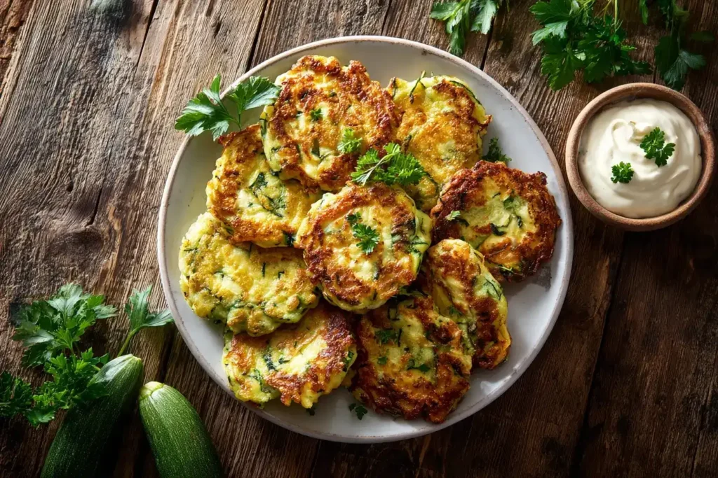Knusprige und saftige Zucchini Puffer mit Parmesan und Kräutern