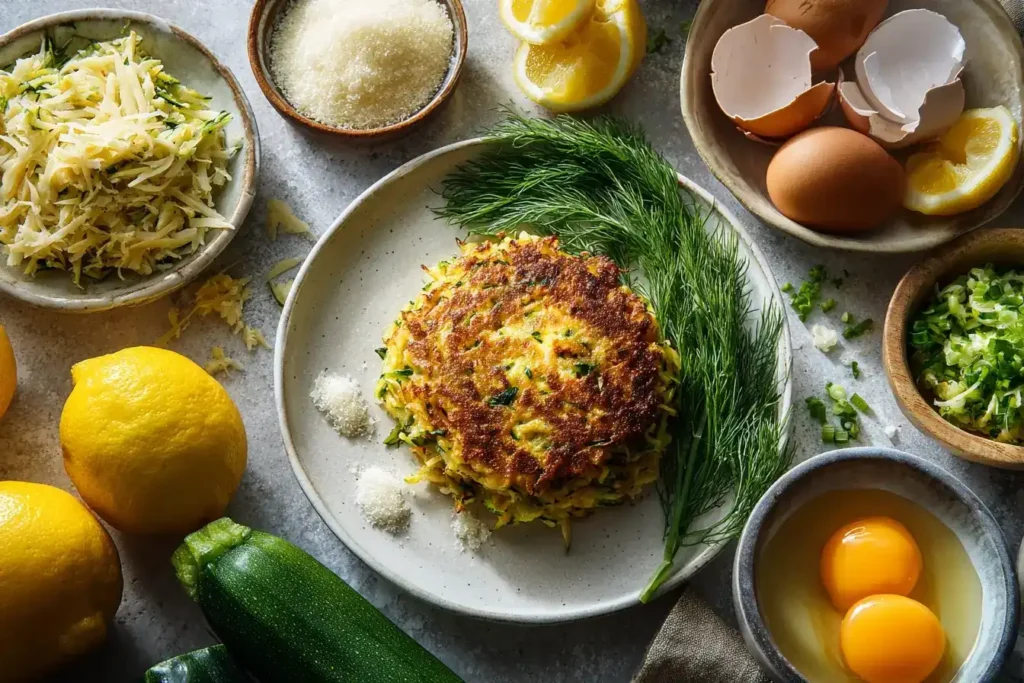 Zucchini Puffer mit Hauptzutaten Zucchini, Parmesan und Eier dekorativ arrangiert