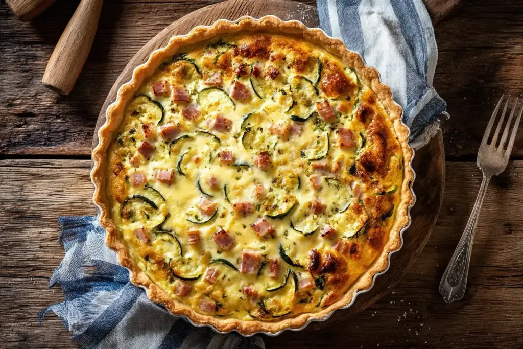 Frisch gebackene Zucchini-Schinken-Quiche auf Teller, goldbraune Kruste