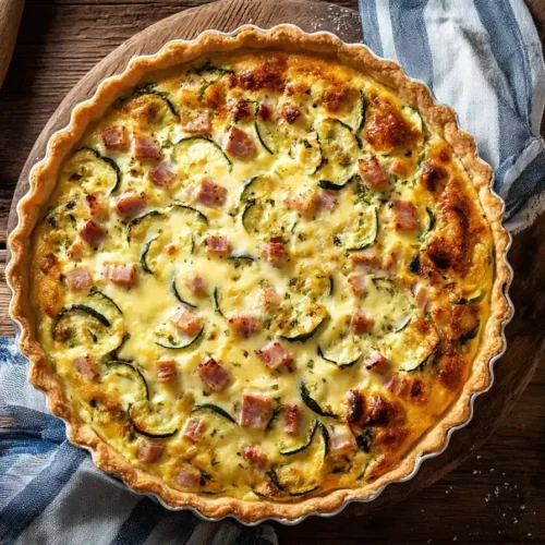 Frisch gebackene Zucchini-Schinken-Quiche auf Teller, goldbraune Kruste