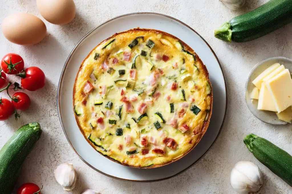 Zucchini-Schinken-Quiche mit Zucchini, Käse und Schinken angerichtet