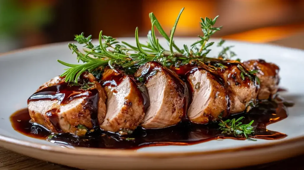 Balsamico-Schweinefilet mit Kräutern, serviert mit Balsamico-Soße auf weißem Teller