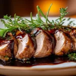 Balsamico-Schweinefilet mit Kräutern, serviert mit Balsamico-Soße auf weißem Teller