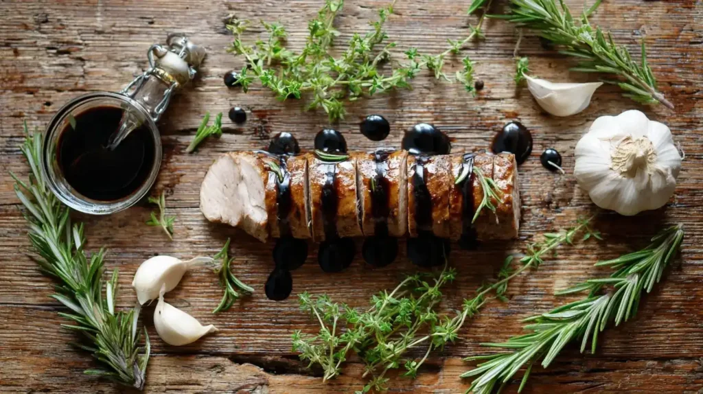 Zutaten für Balsamico-Schweinefilet mit Kräutern, Rosmarin, Thymian und Knoblauch