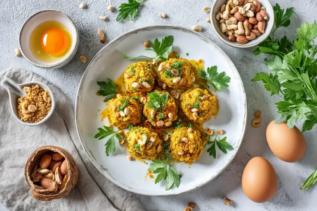 Curry Hähnchen Bällchen Rezept mit Pinienkernen, Panko und Petersilie