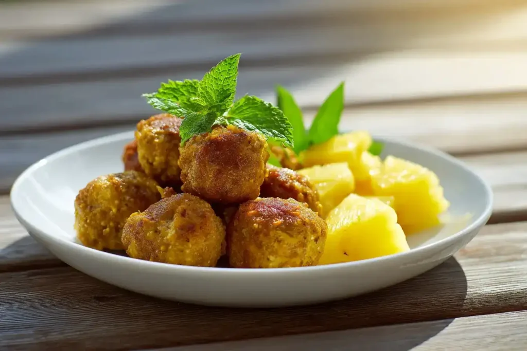 Curry Hähnchen Bällchen – schnelles Fingerfood Knusprige Curry Hähnchen Bällchen mit Ananas auf Spießen