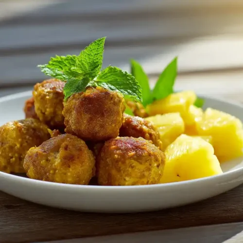 Knusprige Curry Hähnchen Bällchen mit Ananas auf Spießen