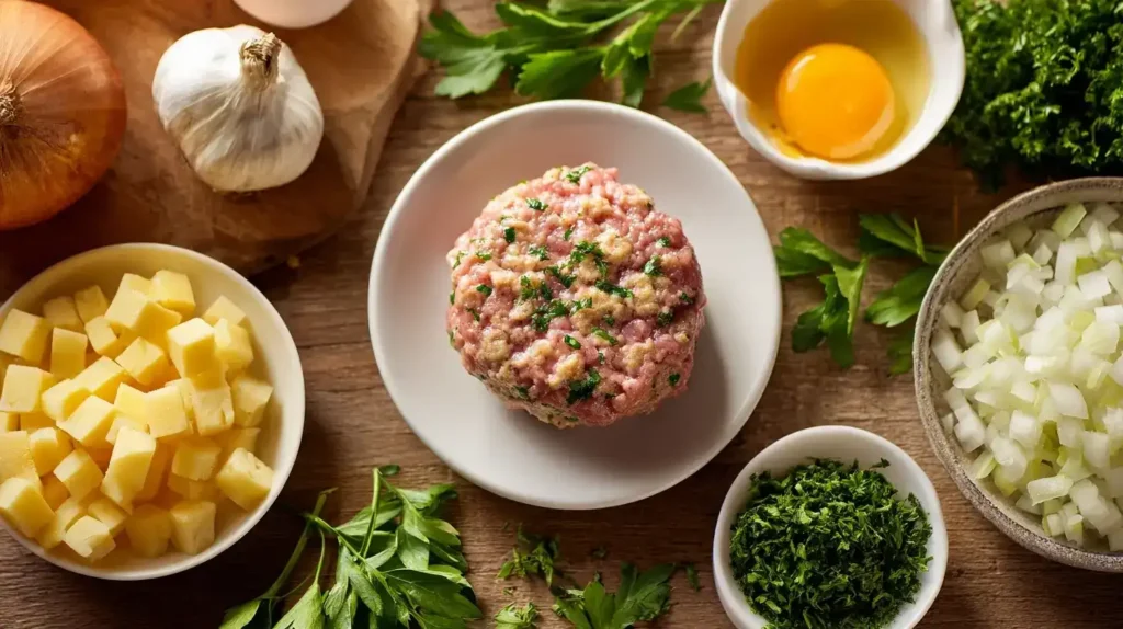 Klassische Frikadellen mit den Hauptzutaten Hackfleisch, Petersilie und Zwiebel