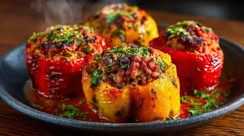 Gefüllte Paprika mit Hackfleisch in Tomatensoße serviert auf rustikalem Holztisch