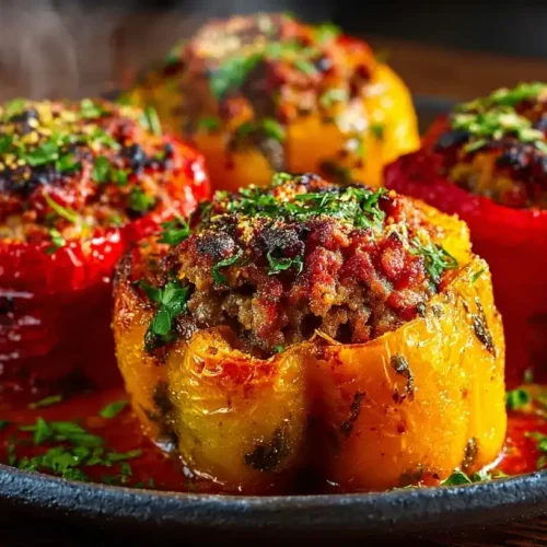 Gefüllte Paprika mit Hackfleisch in Tomatensoße serviert auf rustikalem Holztisch