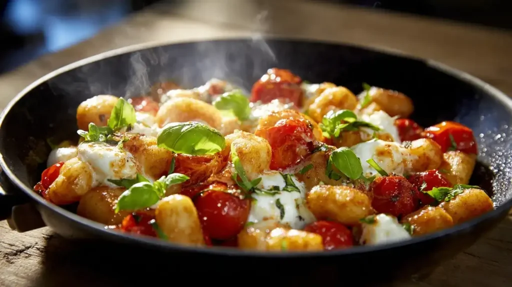 Cremige Gnocchi Pfanne mit Kirschtomaten und Mozzarella, perfekt für Familienessen