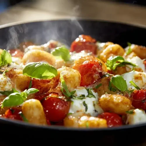 Cremige Gnocchi Pfanne mit Kirschtomaten und Mozzarella, perfekt für Familienessen