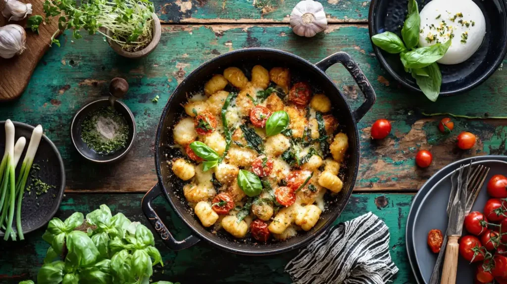 Servierte Gnocchi Pfanne mit frischem Basilikum, schnell & einfach zubereitet