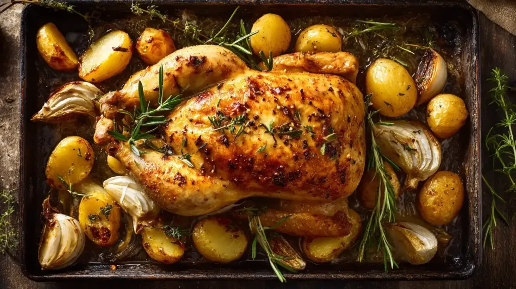 Kartoffel-Hähnchen vom Backblech griechische Art Saftiges Kartoffel-Hähnchen vom Backblech mit Knoblauch und Oregano, servierfertig