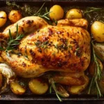 Saftiges Kartoffel-Hähnchen vom Backblech mit Knoblauch und Oregano, servierfertig