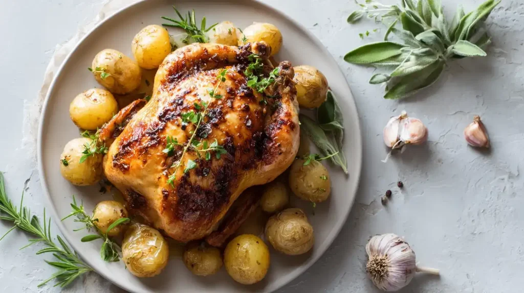 Zutaten für Kartoffel-Hähnchen vom Backblech: Hähnchen, Kartoffeln, Knoblauch und frischer Oregano