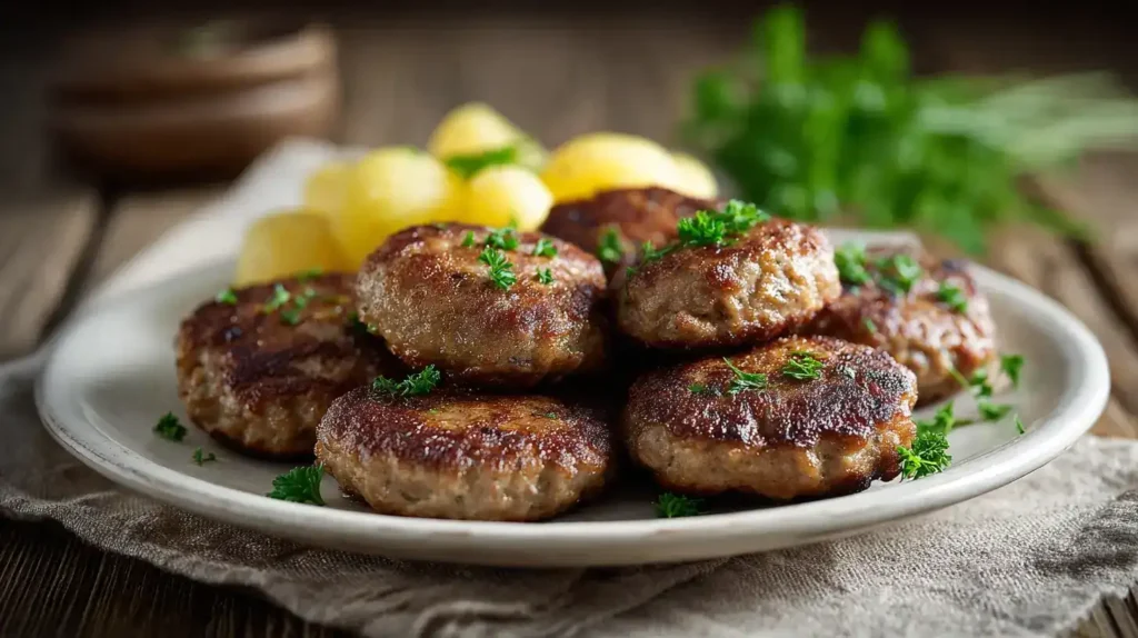 Klassische Frikadellen – Einfach, Saftig und Familienfreundlich Klassische Frikadellen – saftige deutsche Hackfleischbällchen auf einem Teller