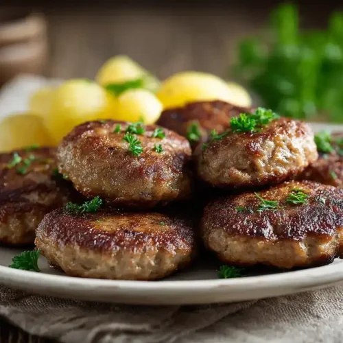 Klassische Frikadellen – saftige deutsche Hackfleischbällchen auf einem Teller