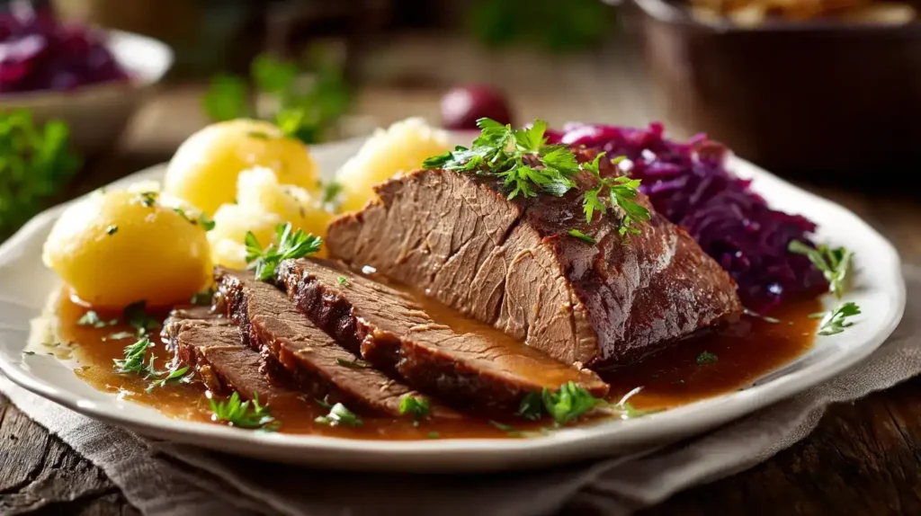 Rinderbraten aus dem Ofen mit Knödeln und Rotkohl als Beilage