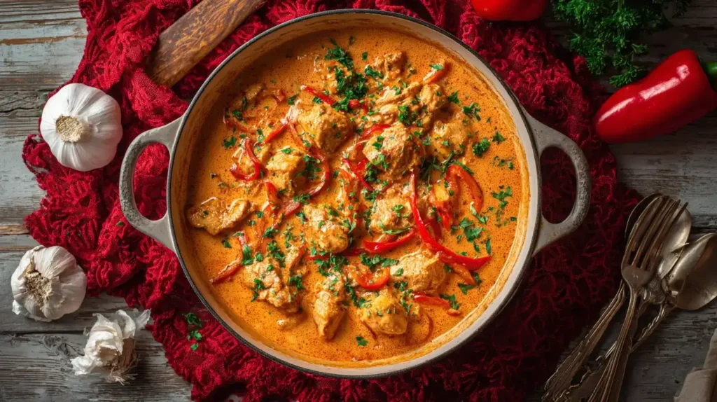 Cremiges Paprika-Sahne-Hähnchen in Pfanne, fertig zum Servieren