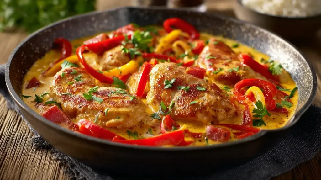 Paprika-Sahne-Hähnchen Serviertes Paprika-Sahne-Hähnchen mit Reis und frischer Paprika