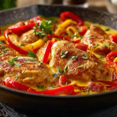 Serviertes Paprika-Sahne-Hähnchen mit Reis und frischer Paprika