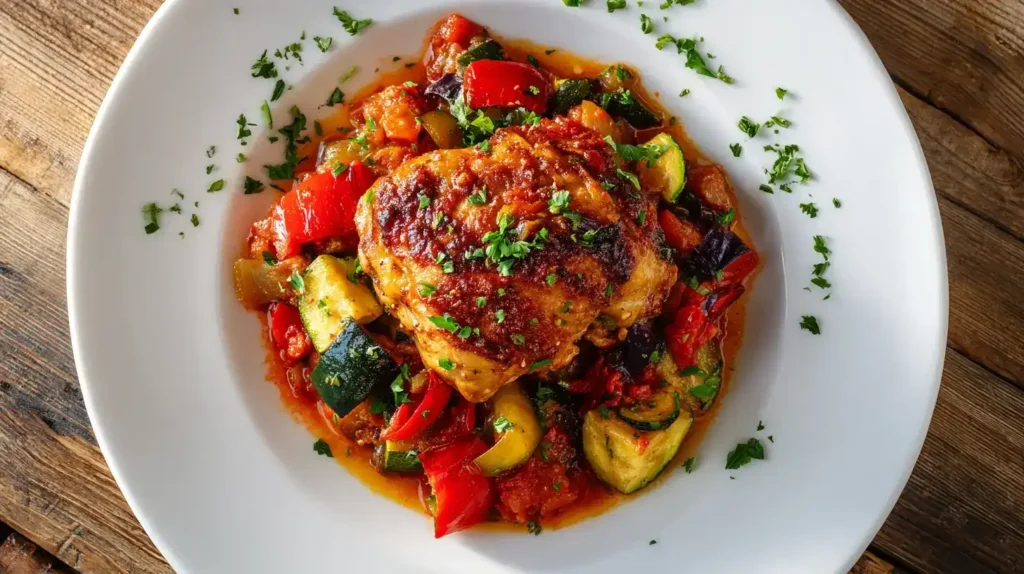 Pollo Fino zartes Ofenhähnchen mit Gemüse und Tomatensoße auf Teller