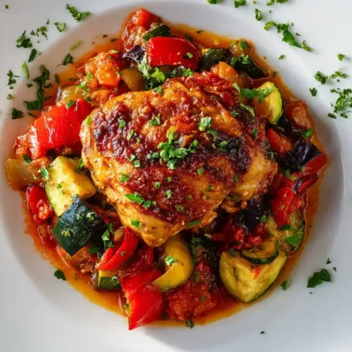 Pollo Fino zartes Ofenhähnchen mit Gemüse und Tomatensoße auf Teller