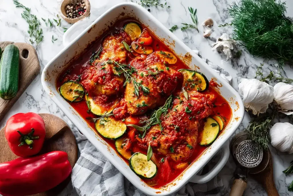 Pollo Fino Ofenhähnchen in der Mitte, Paprika, Zucchini und Tomaten rundherum
