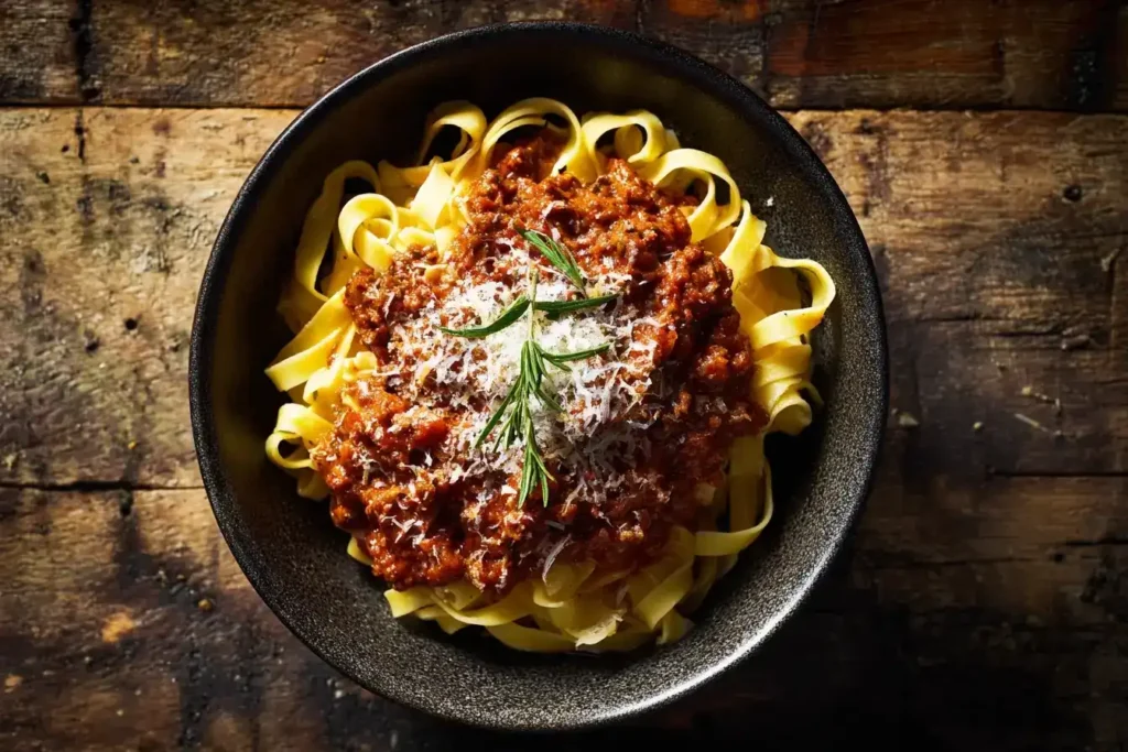 Original Ragù alla Bolognese auf Tagliatelle serviert mit Parmesan