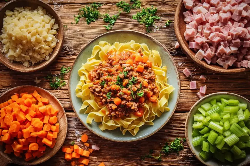Frisches Gemüse, Hackfleisch und Pancetta für Ragù alla Bolognese