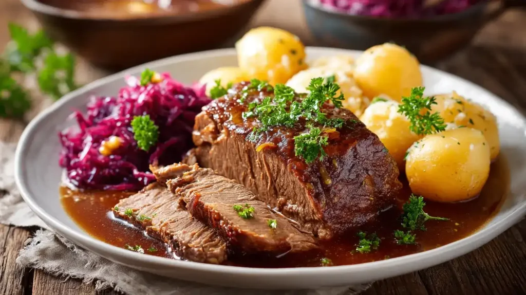 Klassischer Rinderbraten im Ofen serviert mit Soße und Petersilie