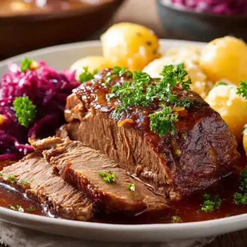 Klassischer Rinderbraten im Ofen serviert mit Soße und Petersilie