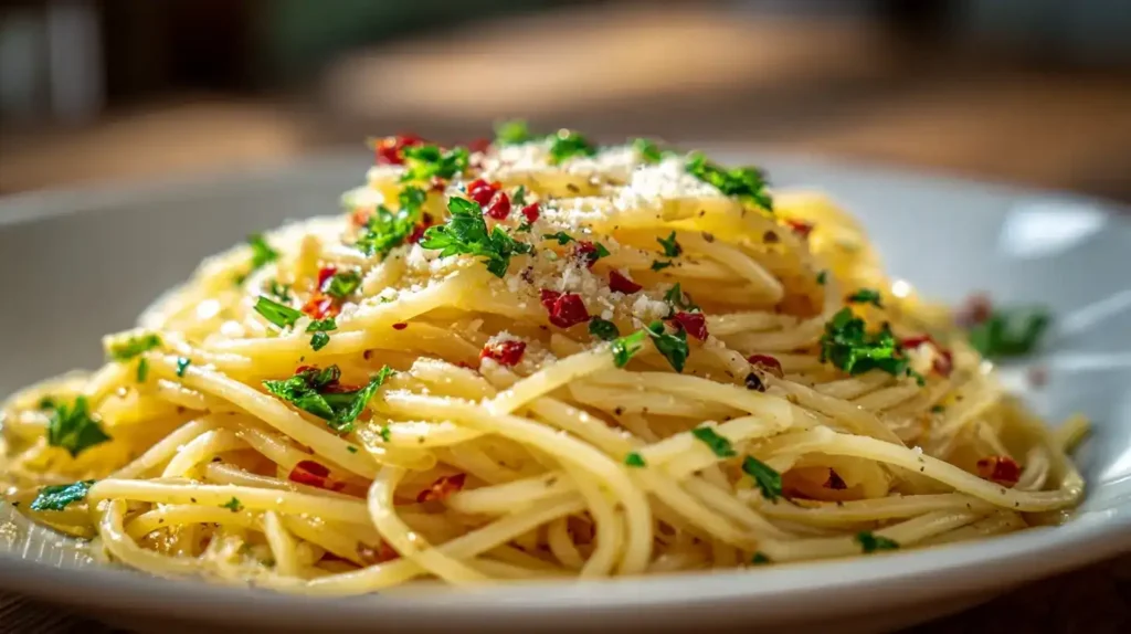 Spaghetti Aglio e Olio mit Knoblauch, Petersilie und Parmesan, serviert auf rustikalem Teller