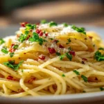 Spaghetti Aglio e Olio mit Knoblauch, Petersilie und Parmesan, serviert auf rustikalem Teller