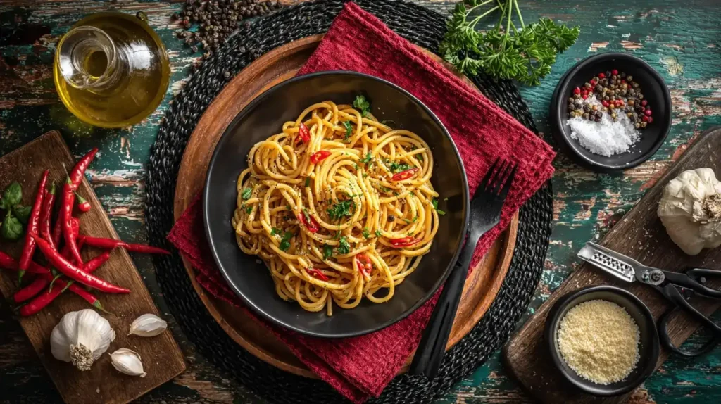 Nahaufnahme von Spaghetti Aglio e Olio mit Olivenöl und roten Peperoni auf italienischem Holztisch