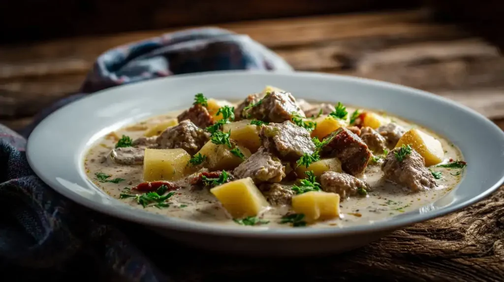 Cremiger Wirsingeintopf mit Hackfleisch und Kartoffeln, serviert in weißer Schüssel, mit Petersilie garniert.