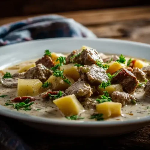 Cremiger Wirsingeintopf mit Hackfleisch und Kartoffeln, serviert in weißer Schüssel, mit Petersilie garniert.