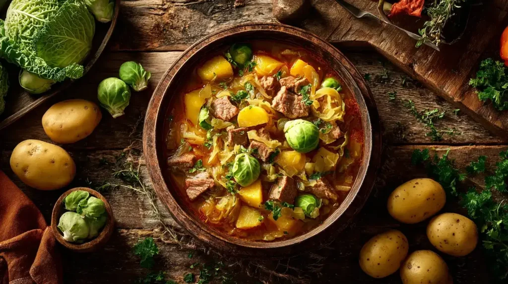 Wirsingeintopf-Zutaten auf Holztisch: Wirsing, Hackfleisch, Kartoffeln, Zwiebeln, Knoblauch, Parmesan.