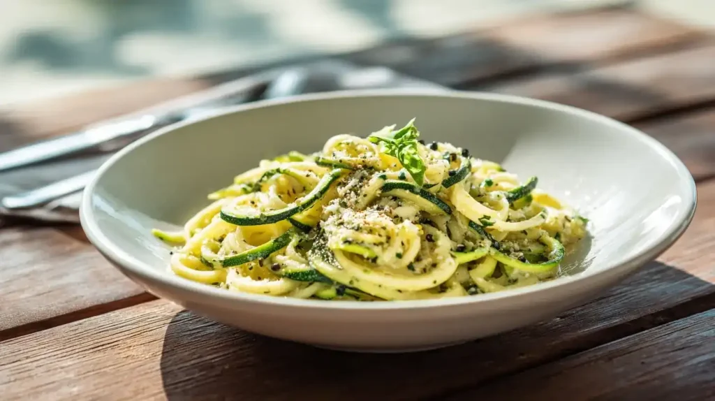 Zoodles Zucchini-Nudeln in cremiger Kräuter-Parmesan-Sauce auf Teller serviert