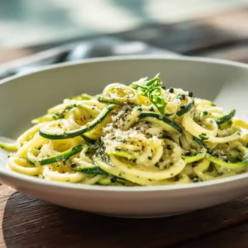 Zoodles Zucchini-Nudeln in cremiger Kräuter-Parmesan-Sauce auf Teller serviert