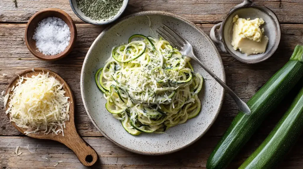 Zucchini, Parmesan und Schmand um eine Schüssel Zoodles angeordnet