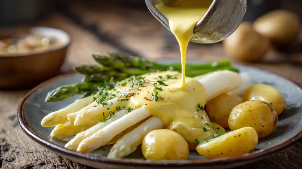 Blitz-Hollandaise serviert mit frischem Spargel und Kartoffeln