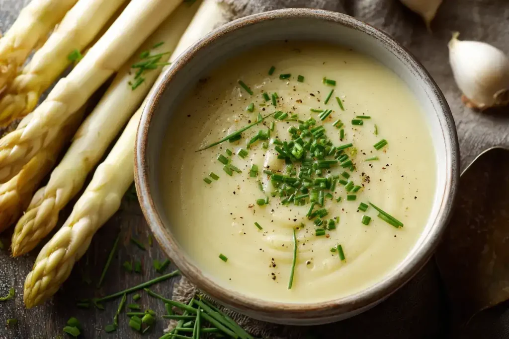 Blitz-Spargelcremesuppe – der Klassiker ganz einfach Blitz-Spargelcremesuppe serviert in weißer Schale mit frischem Schnittlauch
