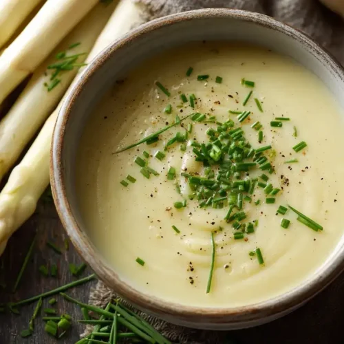 Blitz-Spargelcremesuppe serviert in weißer Schale mit frischem Schnittlauch