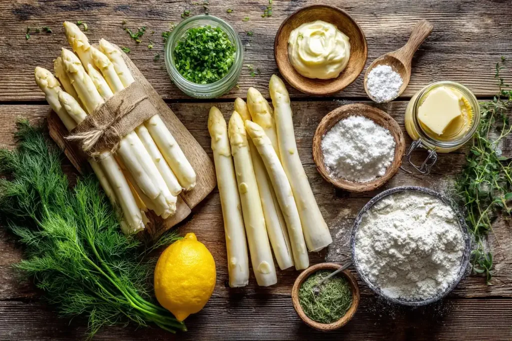 Hauptzutaten für Blitz-Spargelcremesuppe – Spargel, Sahne, Butter und frische Kräuter