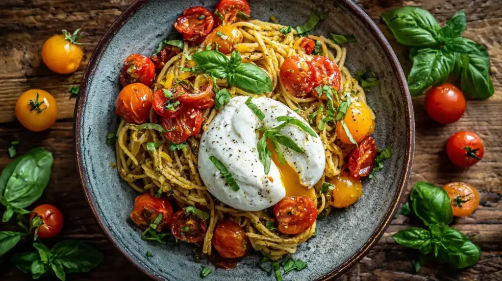 Burrata in Pasta mit Tomaten, Nahaufnahme der cremigen Burrata auf Spaghetti mit frischem Basilikum